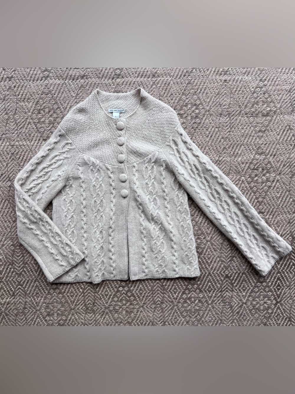 Jillian Jones Lambswool Angora Cardigan L Cream Cable Knit Covered Button